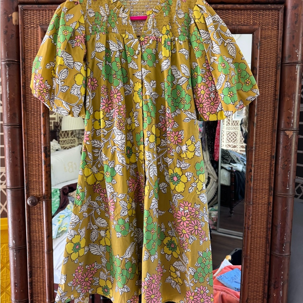 Tory Burch Shirred Mini Dress in Rust Wallpaper Print, S